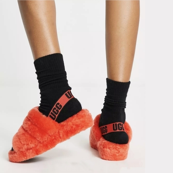 Ugg Fluff Yeah Slide Furry Fuzzy Slipper, Graphic Logo Elastic Strap Hazard sz 6 - Picture 1 of 10